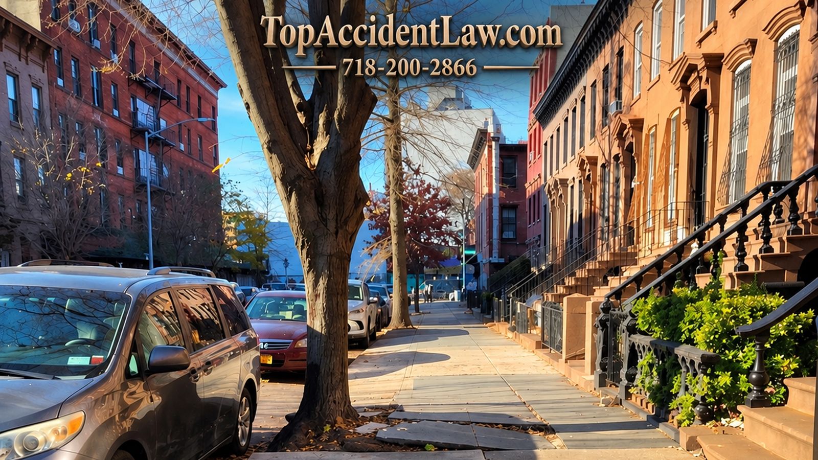 Cracked and raised sidewalk flags on a New York City street lined with brownstones. Top Accident Law, David Ilganayev.